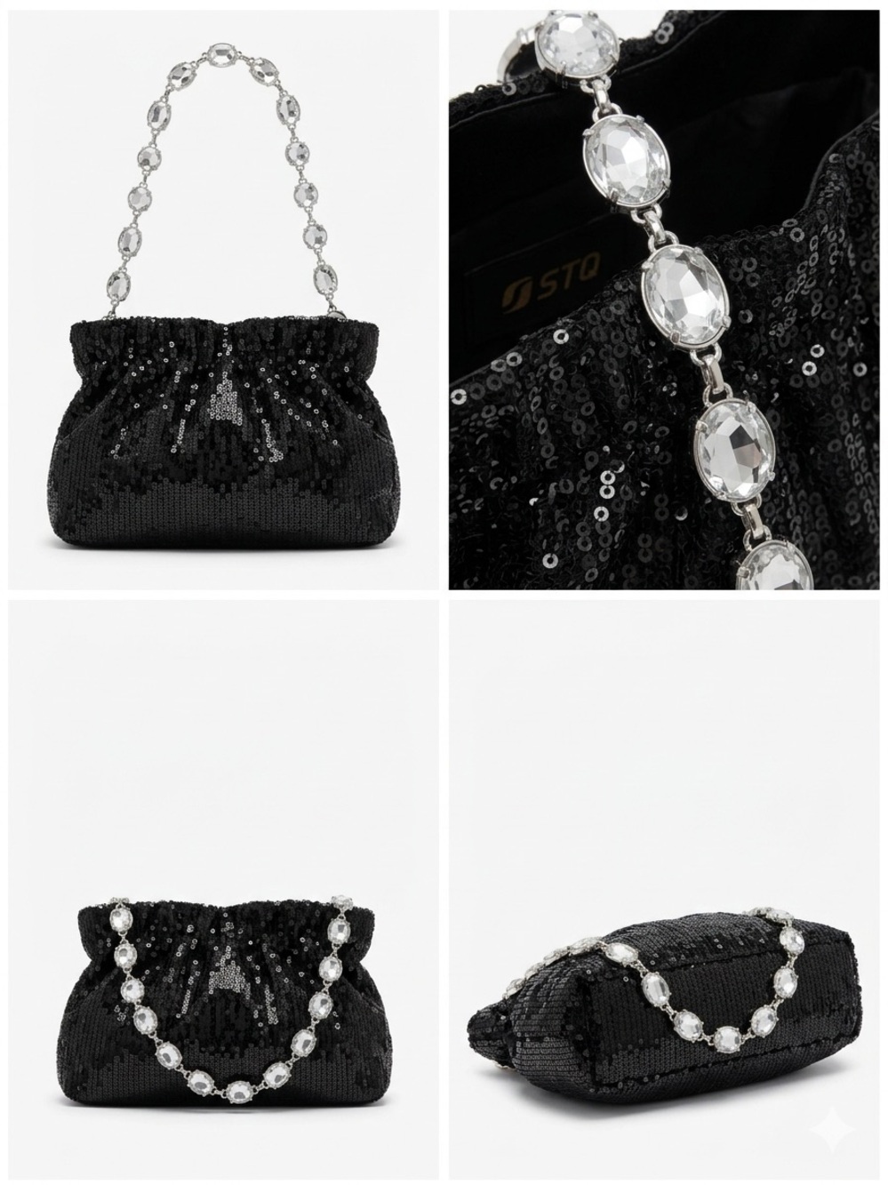 White House Black Market Black Sequin Clutch with Crystal Chain